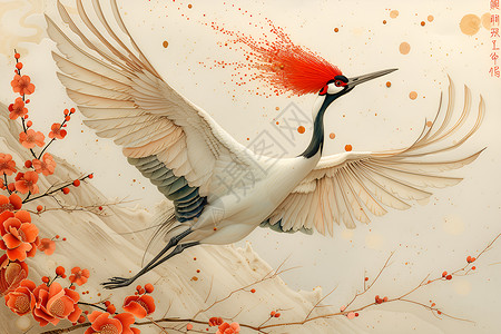 典雅大气白鹤在红花山前飞舞插画