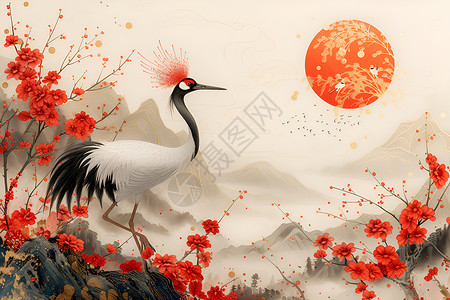红冠鹤舞白云背景图片