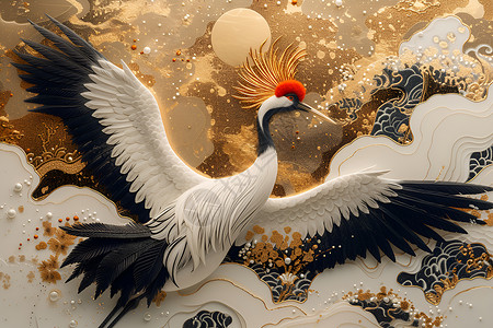 典雅大气耀红头鹤在云海飞舞插画