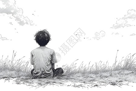 少年坐在田野中高清图片