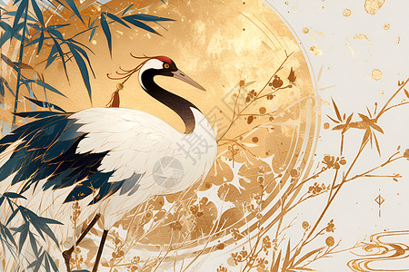 金色舞蝶红冠鹤舞于金色背景中插画