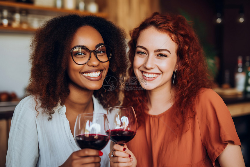 两个女人在酒吧里举着酒杯图片