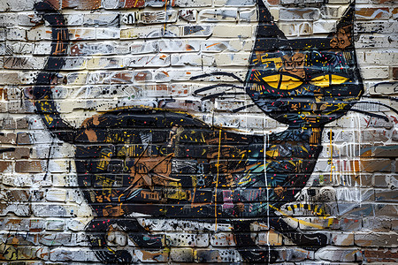 砖墙奇幻猫涂鸦街头插画
