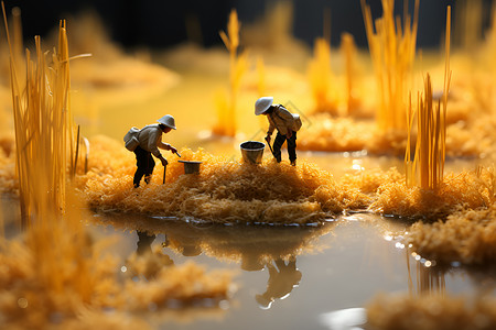 微观人金黄稻田中小人正在劳动设计图片