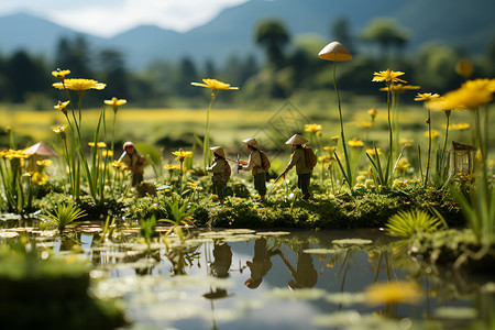 金黄的稻田玩具人在田野上设计图片