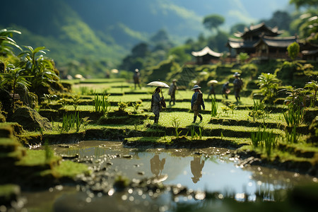 稻背景微距稻田中的小人设计图片