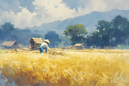 金色稻田下的农民背景图片