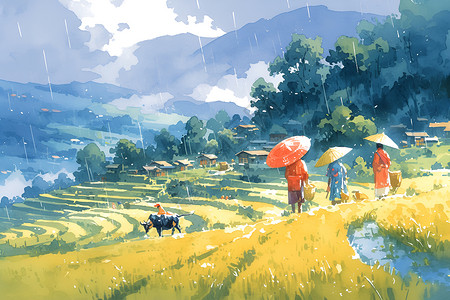 雨中行走的农民图片