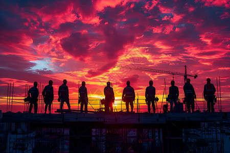 建筑工人剪影夕阳下的工地背景