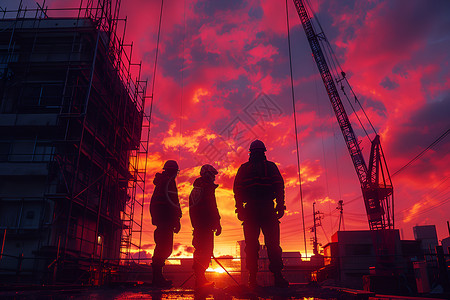 建筑工地剪影夕阳下工人的背影背景