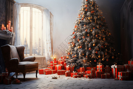 房间内的礼物和圣诞树背景图片