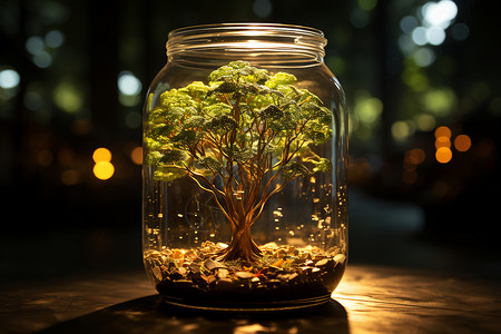 玻璃罐中的货币和植物背景图片