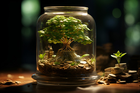 玻璃罐中的植物和硬币背景图片