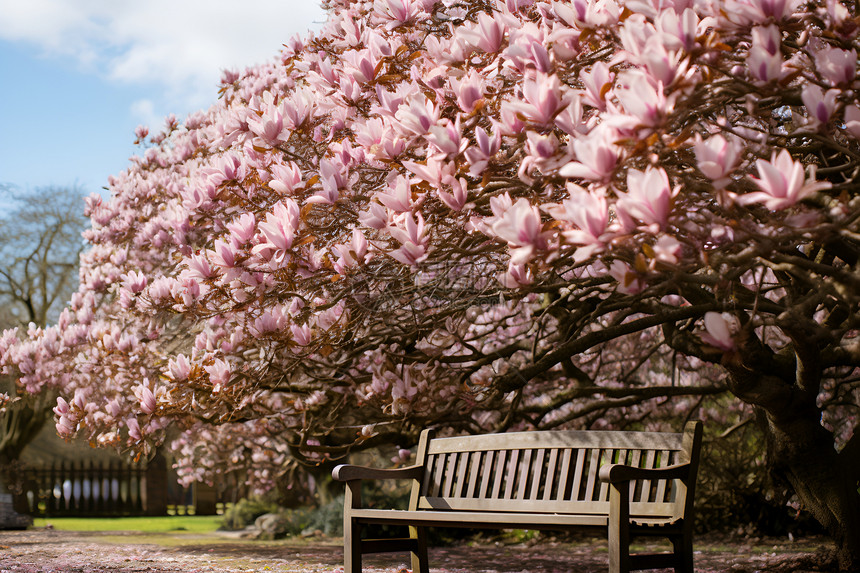 粉色花树下的长椅图片