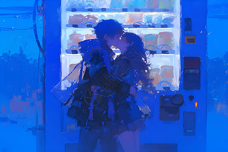贩卖机前拥吻的恋人背景图片