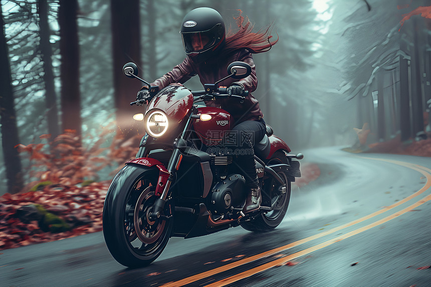 迷雾森林里骑行的摩托车图片