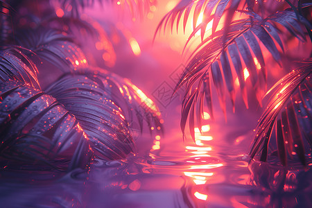 水面叶子夕阳映照下的棕榈树插画
