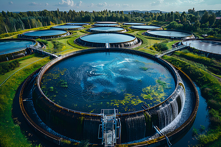 污水处理厂的圆形水池高清图片