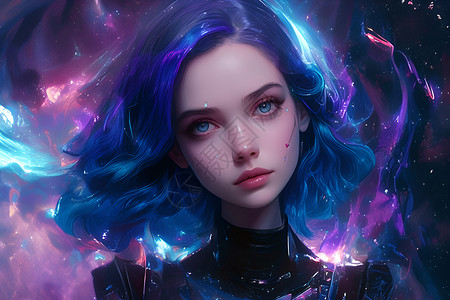 蓝紫色梦幻光效宇宙之旅中的蓝发女子插画