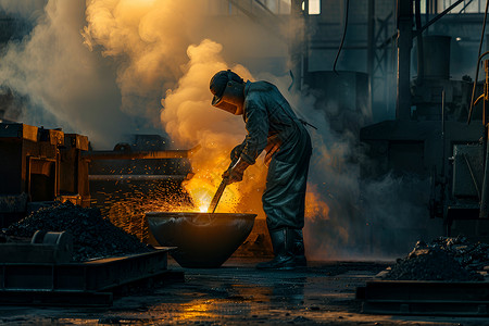 熔炉铸造工人在处理原材料背景