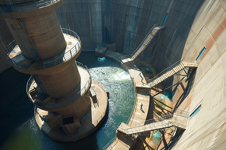 水能发电水电站中庞大的涡轮背景