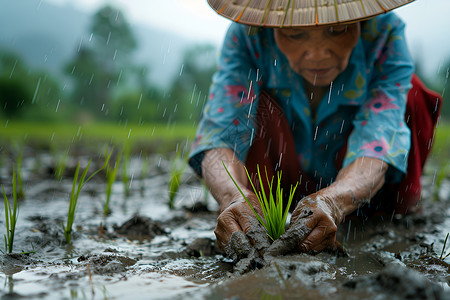 农民种植嫩绿的稻苗高清图片