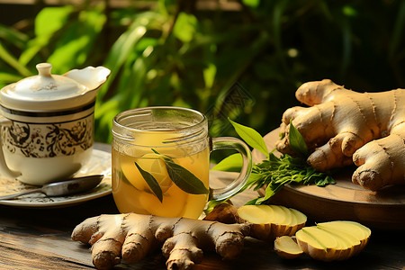 午后的姜茶植物杯子茶高清图片