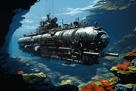 深海潜艇深海下的潜艇插画