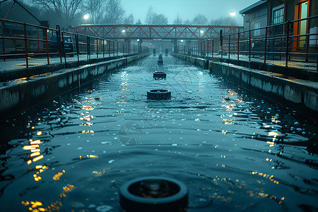 污水收集系统污水处理厂池中的过滤系统背景