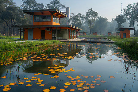 污水处理池旁的建筑背景