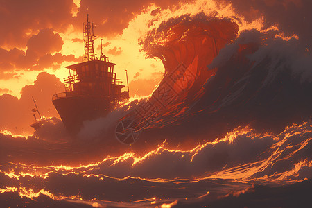 大海货船轮船巍然屹立于波涛汹涌的海浪之上插画