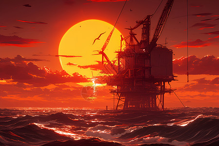 货运船夕阳下的海上发电装置插画