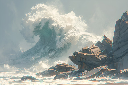海浪重击岩石插画