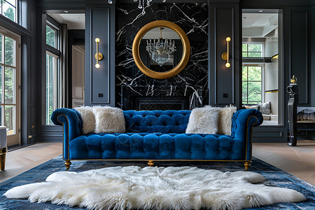 蓝色家居房间奢华蓝色沙发的传统客厅背景