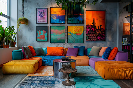 地中海风客厅创意客厅多彩拼色块沙发背景