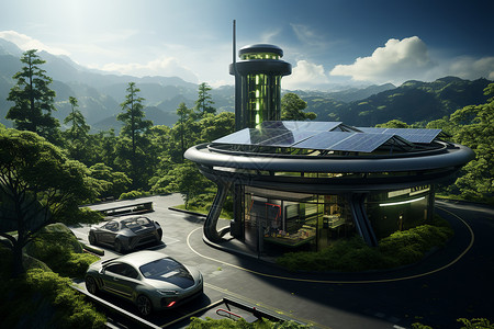 未来主义天空未来主义建筑和汽车插画
