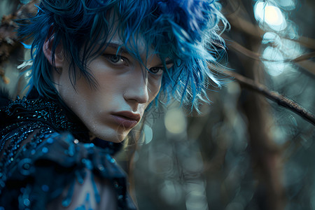 蓝色羽毛背景蓝发男子在树林中背景