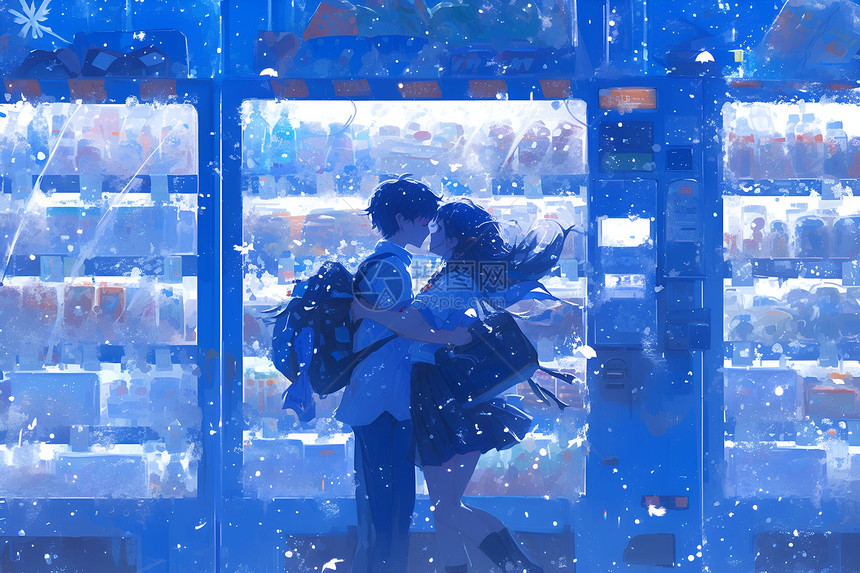 自动售货机旁的小情侣图片