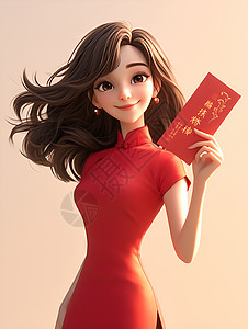 旗袍少女笑容满面的红包少女插画