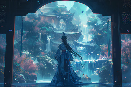 仙境瀑布下蓝裙女子背景图片