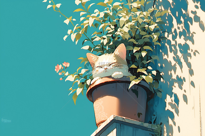 宁静天空下的花盆和猫咪图片