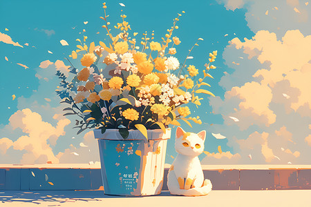 猫咪与花盆的卡通插画高清图片