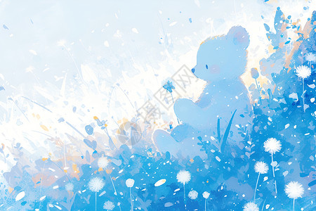 可爱的熊玩偶在蒲公英盛开的场景中背景图片