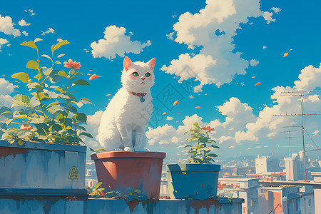 屋顶猫咪与城市背景图片