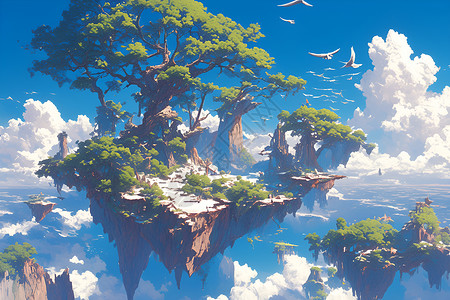 天上的天空中的浮岛梦境插画