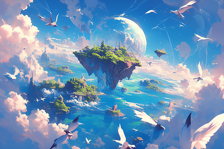 天上的天空中飘浮的岛屿插画