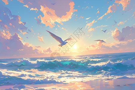 海景日出日出时分海滩上的阳光插画