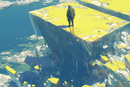 湖中水杉迷失湖中的黄色方块插画