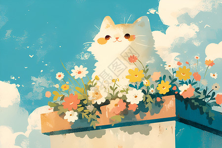 温巴尔花猫与花盆温的温馨插画插画