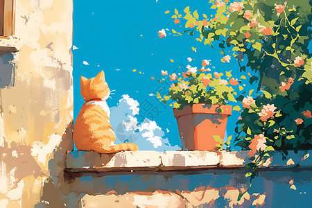 花盆边的小猫咪背景图片